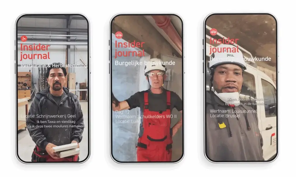 Drie smartphone‑mock‑ups tonen verticale video’s uit de Renotec reeks ‘Insider Journal’, met beelden van medewerkers op verschillende werven, inclusief titels zoals ‘Restauratie en Herbestemmingen’ en ‘Burgerlijke bouwkunde', samen met locatie‑ en dagvermeldingen, gebruikt als teasercontent voor een blik achter de schermen op een werf van een renovatie‑ en restauratiebedrijf.